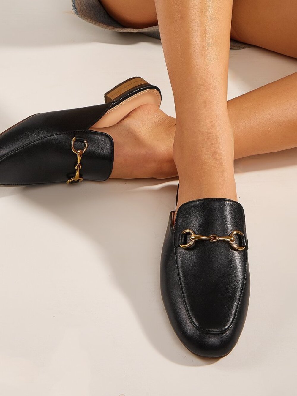 Black Business Casual Women's Metal Buckle Slip-On Round Toe Mules